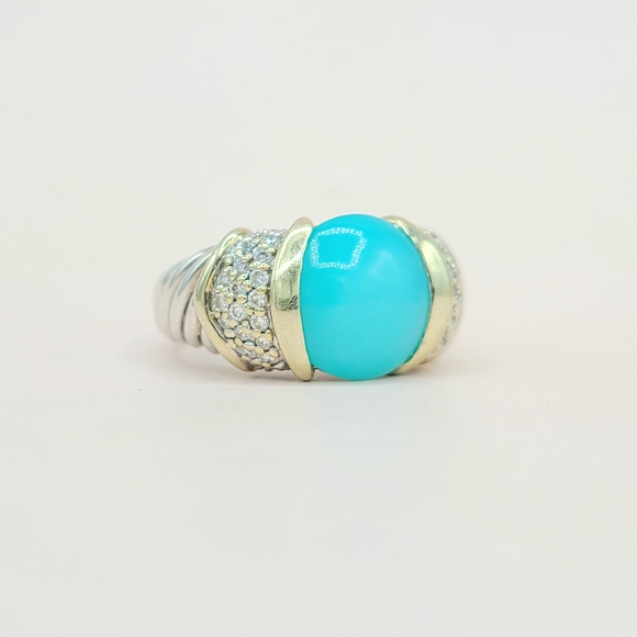 David Yurman Capri Ring With Aqua Chalcedony Gold And Diamonds - Picture 3 of 13